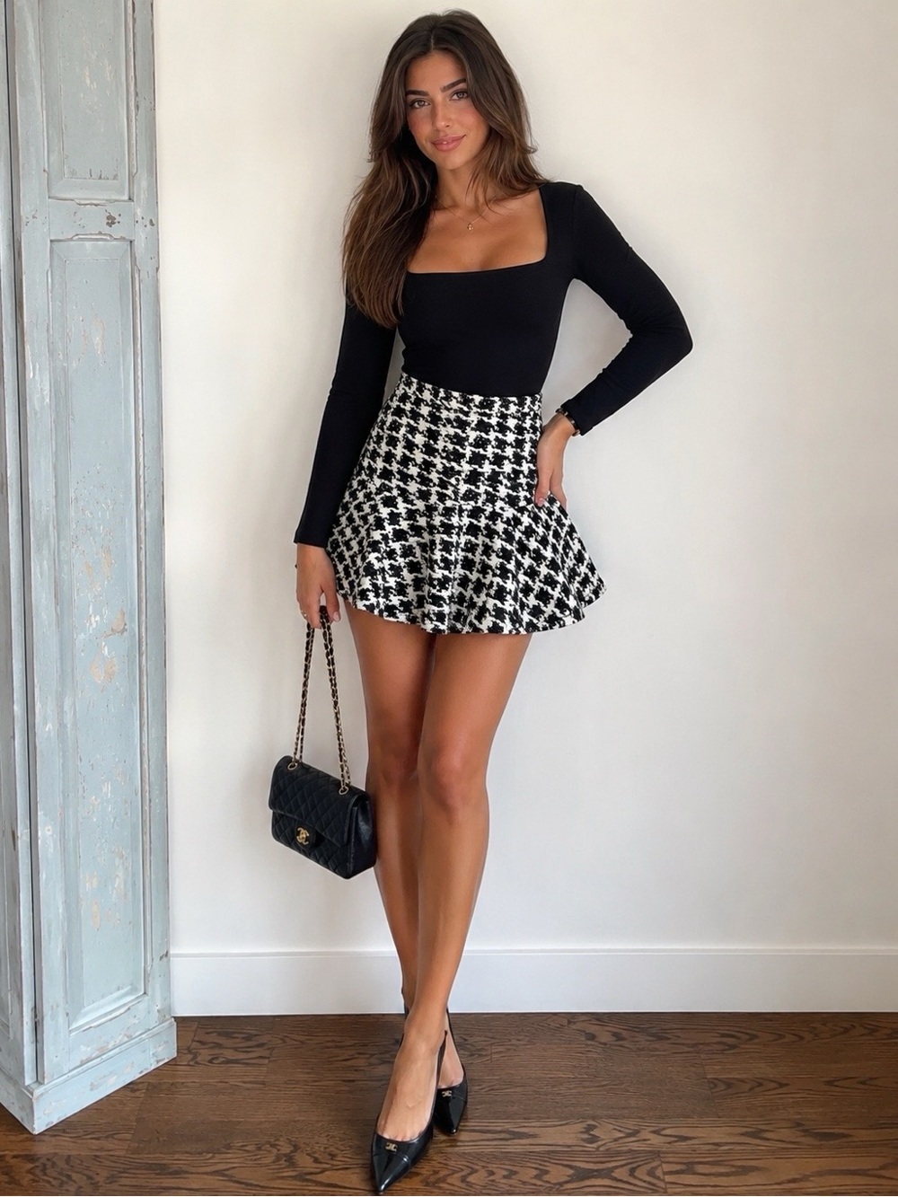 Parker Black and White Houndstooth Flared Skater Skirt